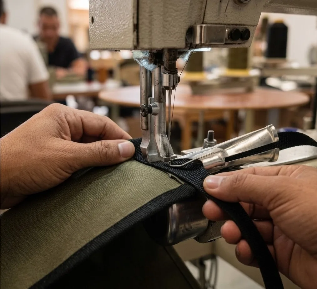 Costura de precisión en máquina ribeteadora industrial - Manufacturas SAGA Ltda.